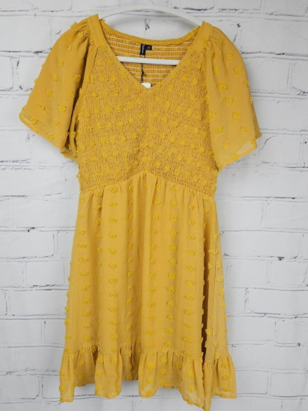Zattcas Mustard Swiss Dot Smocked Dress Womens M Mini Short Flutter Sleeve NWT